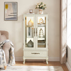 Curio Cabinet Lighted Glass Cabinet Glass Wine Cabinet Curio Display Cabinet with Adjustable Glass Shelves 2 Doors and 1 drawer Cabinet Sideboard With Bulb Included Antique White - Grand Goldman Shop