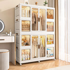 Portable Wardrobe Closet Storage Organizer for Clothes with Magnetic Doors, 12 Cubes & 2 Hanging Rods, White - Grand Goldman Shop