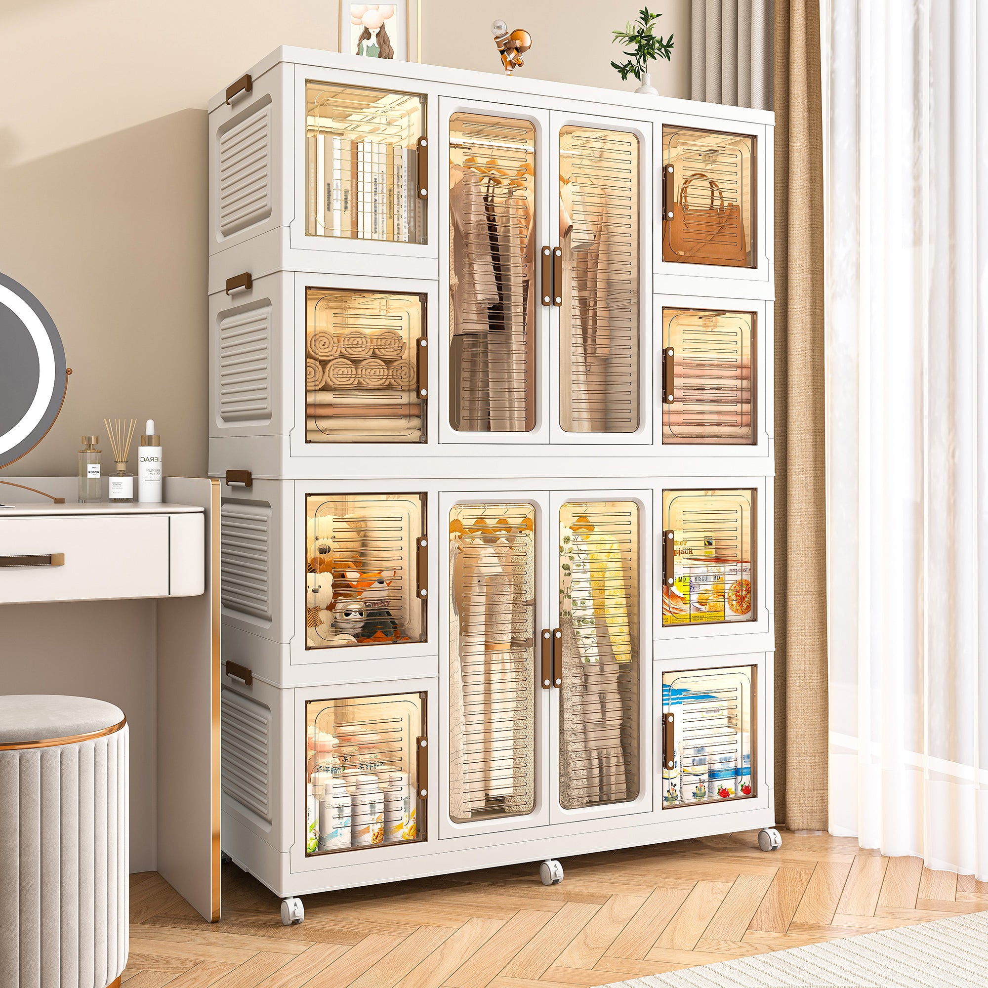 Portable Wardrobe Closet Storage Organizer for Clothes with Magnetic Doors, 12 Cubes & 2 Hanging Rods, White - Grand Goldman Shop