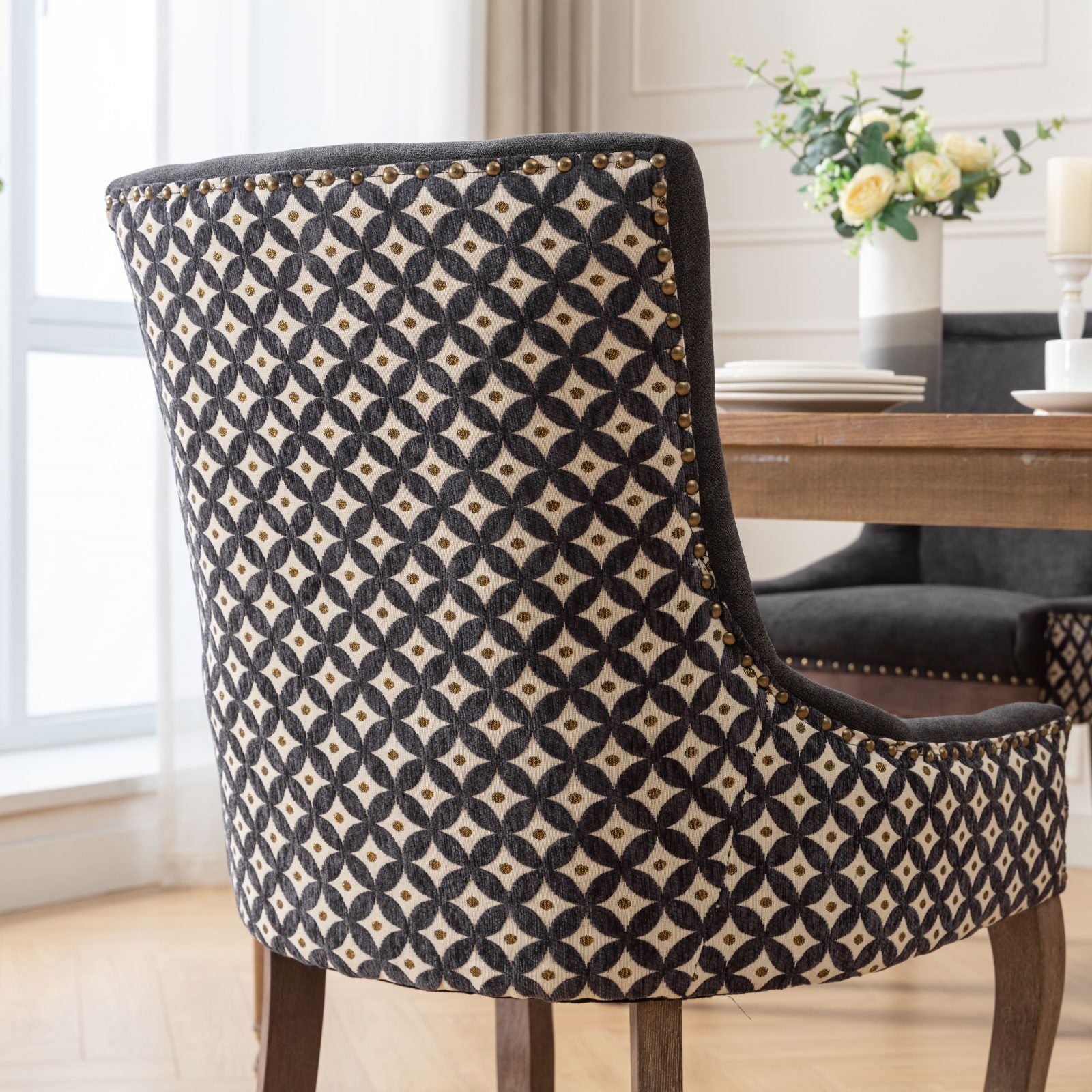 A&A Furniture, Ultra Side Dining Chair, Thickened fabric chairs with neutrally toned solid wood legs, Bronze nail head, Set of 2, Blue - Grand Goldman Shop
