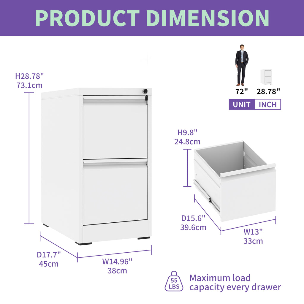 Steel 2 Drawer Vertical File Cabinet with Lock for A4 Legal/Letter Size in White | Premium Home Decor - Grand Goldman