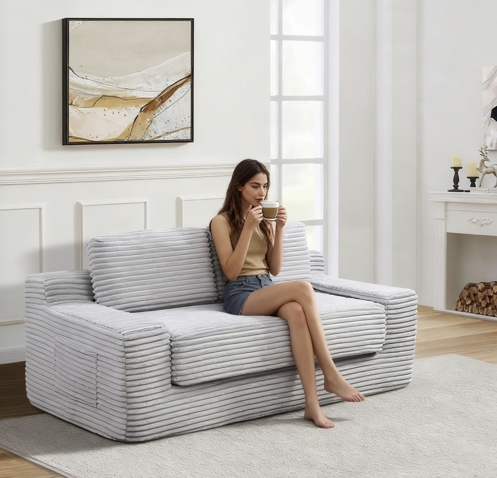 Corduroy Cloud Double Sofa, 2-in-1 Convertible Sofa Bed, Comfortable Boneless Double Sofa, Suitable for Living Room, Apartment, Small Space Grey - Grand Goldman Shop