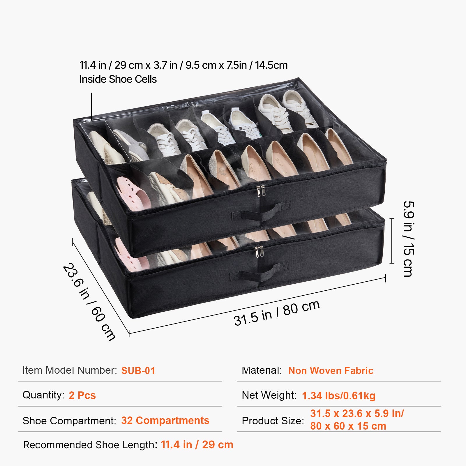 Sturdy Under Bed Shoe Storage Organizer, Set of 2, 32 Compartments, Underbed Shoes Closet Storage Solution with Clear Window, Breathable, L31.5'x W23.6'x H5.9', Black - Grand Goldman Shop