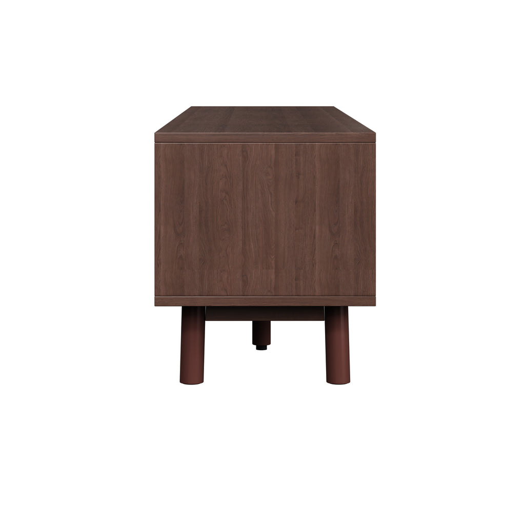 Wood Fashionable TV Stand for 75' TVs with Soft-Closing Doors, Dark Brown Modern Console with Rattan Accents and Drop-Down Cabinet, Solid Wood and MDF Construction - Grand Goldman Shop