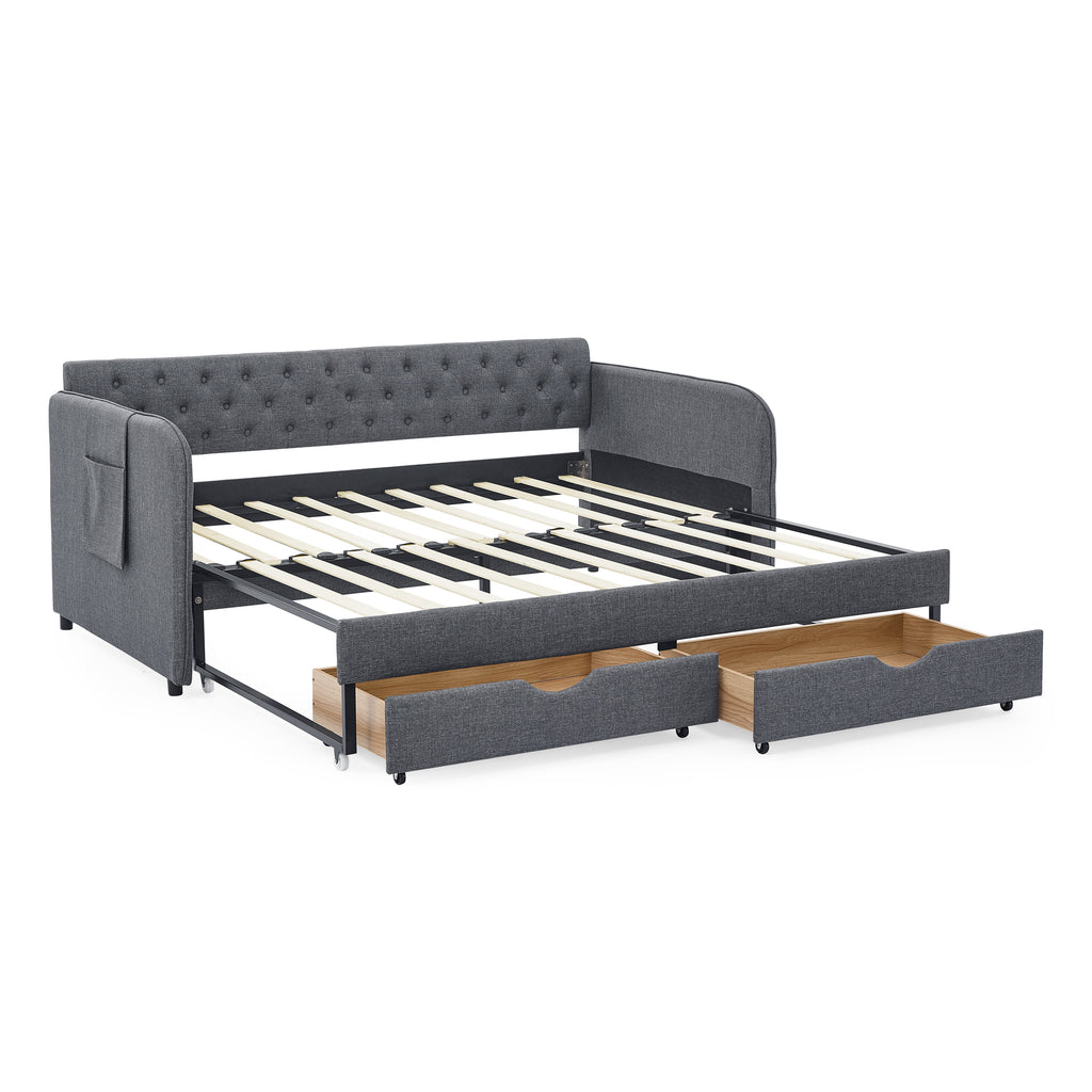 Twin Size Upholstered Daybed with Trundle and Drawers, Dark Gray Linen, Flat Arms, Extendable for Bedroom or Living Room - Grand Goldman Shop
