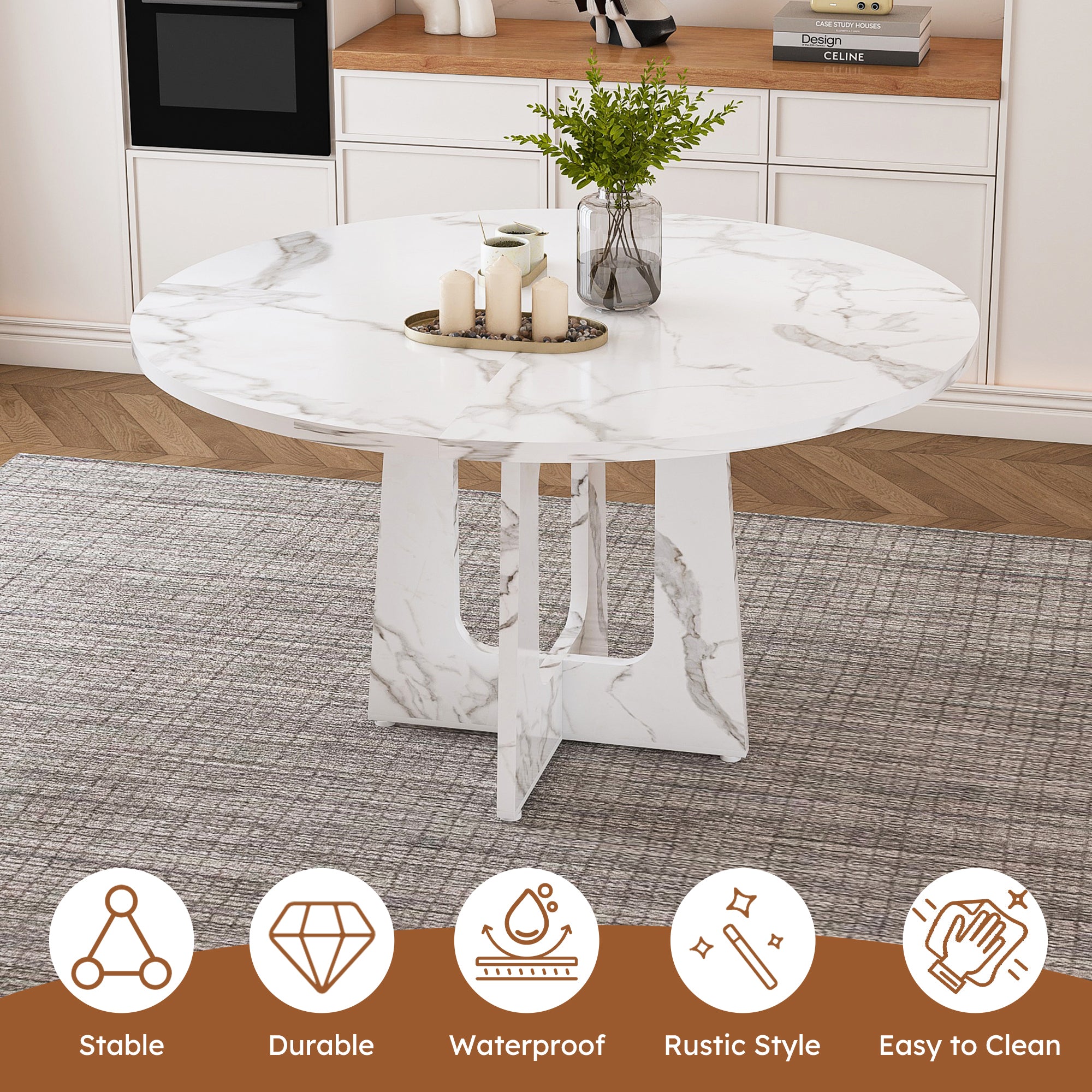 Modern Farmhouse 47.24' Round Dining Table for 4 with Marble White Finish MDF and Iron - Grand Goldman Shop