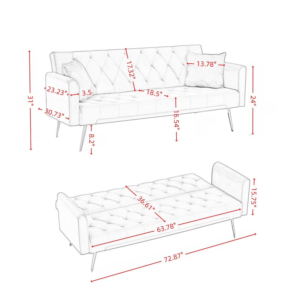Modern convertible 72 inch foldable sleeper sofa with tufted, American retro style, made of gray velvet material, suitable for small living rooms, bedrooms and offices. gray color - Grand Goldman Shop