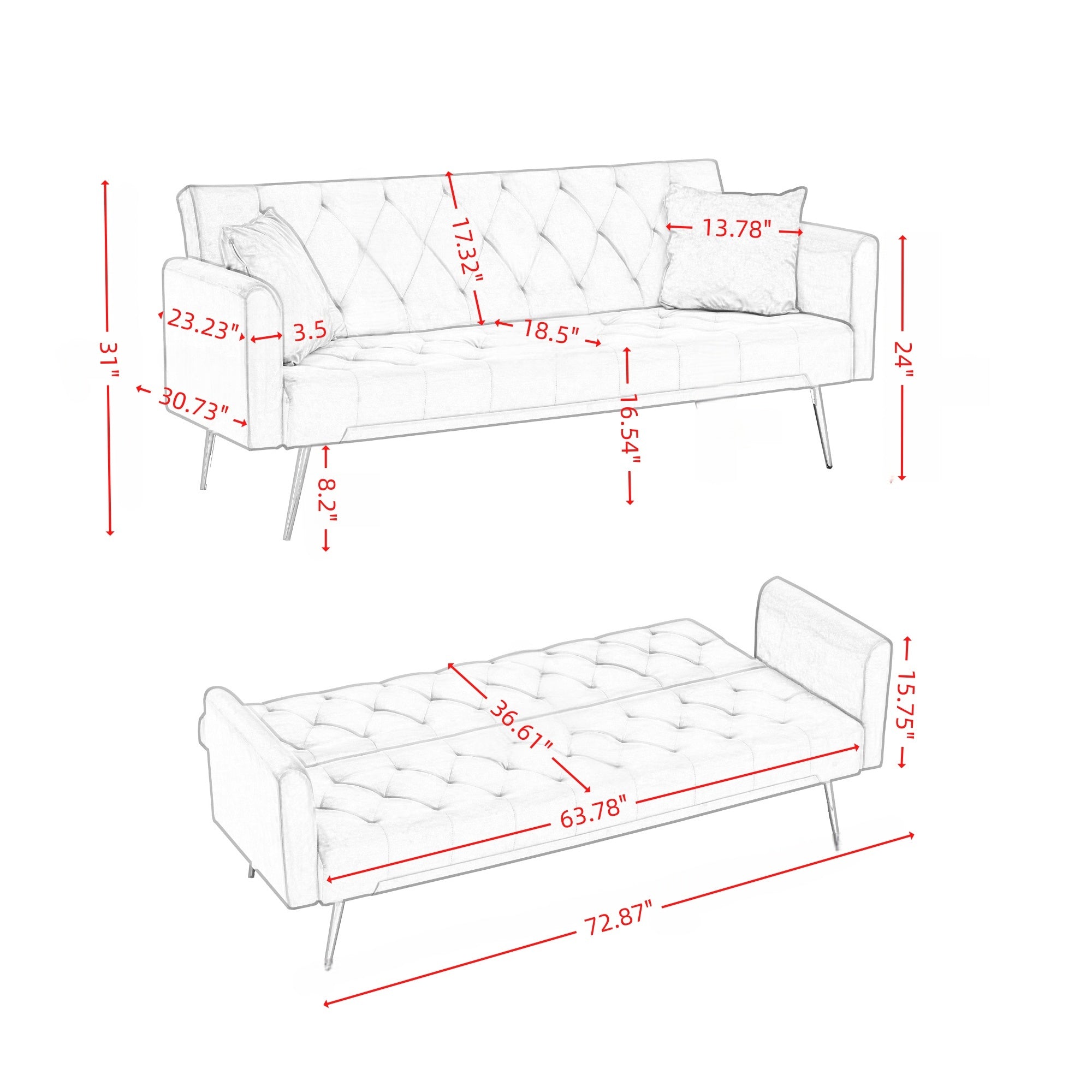 Modern convertible 72 inch foldable sleeper sofa with tufted, American retro style, made of gray velvet material, suitable for small living rooms, bedrooms and offices. gray color - Grand Goldman Shop