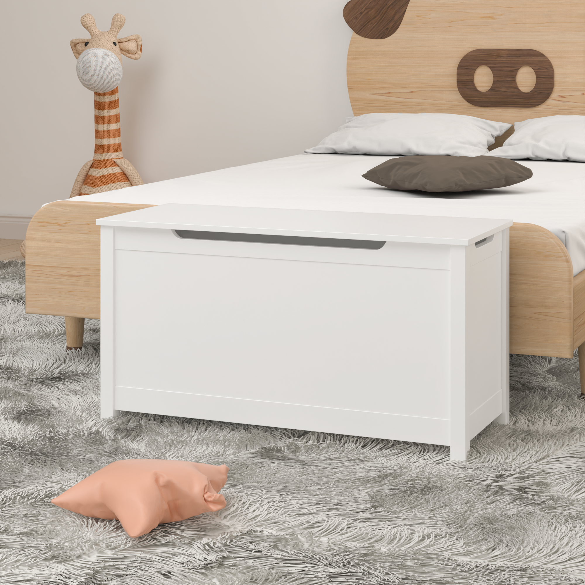 Kids Wooden Toy Box Storage with Safety Hinged Lid for Ages 2+ (White) - Grand Goldman