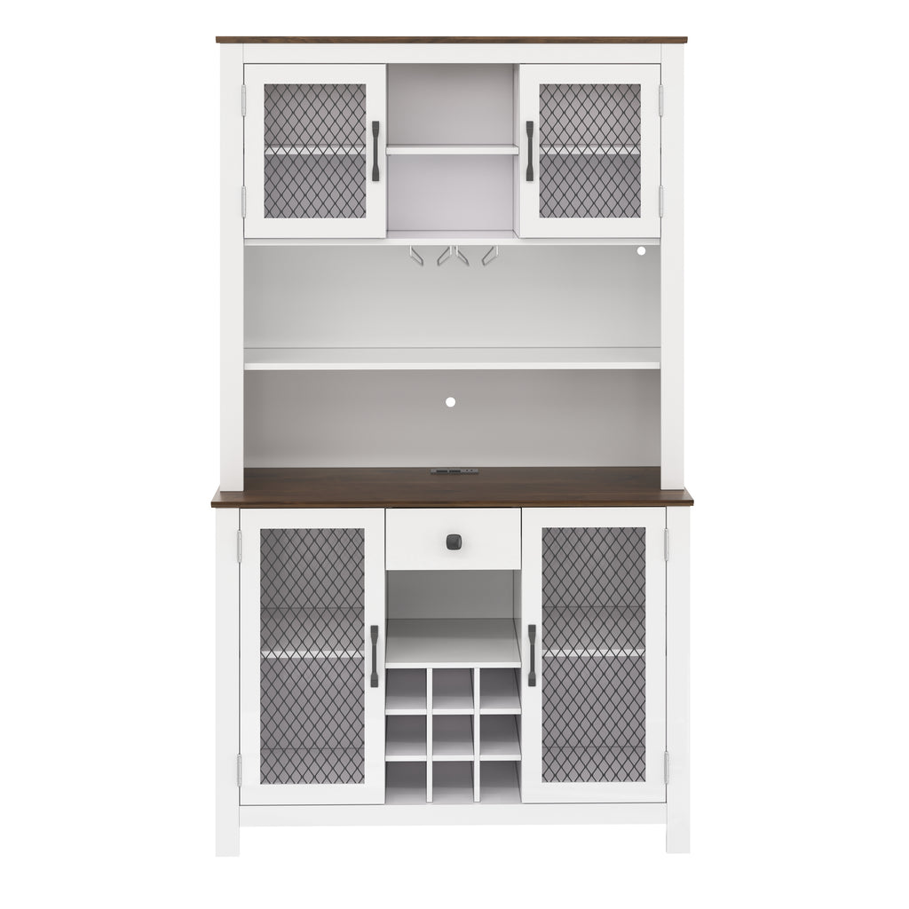70.9' Kitchen Pantry Storage Cabinet Rustic Buffet Cabinet, Kitchen Hutch Cabinet with LED Outlets Food Pantry Cabinet with Doors and Shelves Wine Rack for Dining Room, White - Grand Goldman Shop