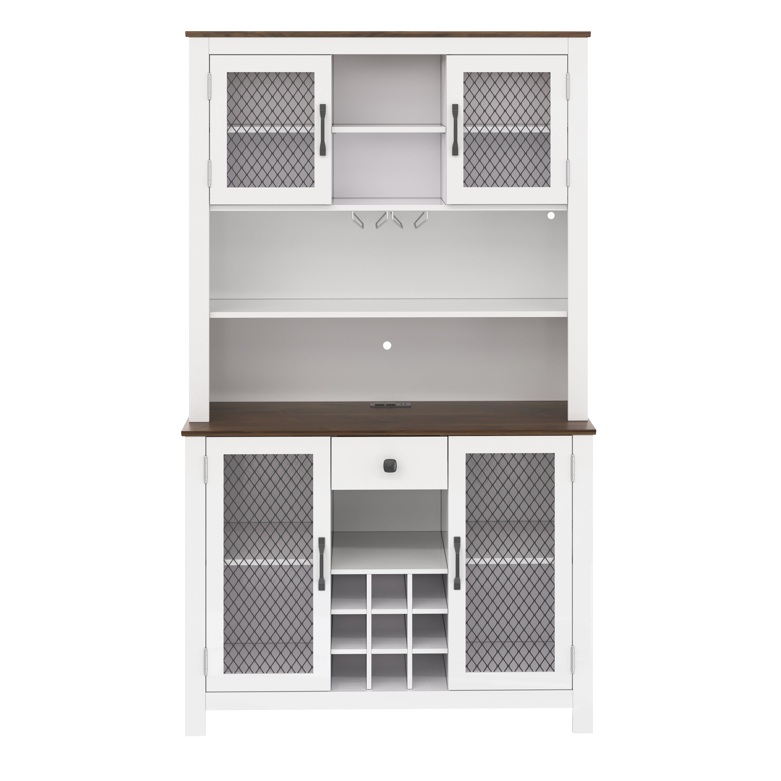 70.9' Kitchen Pantry Storage Cabinet Rustic Buffet Cabinet, Kitchen Hutch Cabinet with LED Outlets Food Pantry Cabinet with Doors and Shelves Wine Rack for Dining Room, White - Grand Goldman Shop