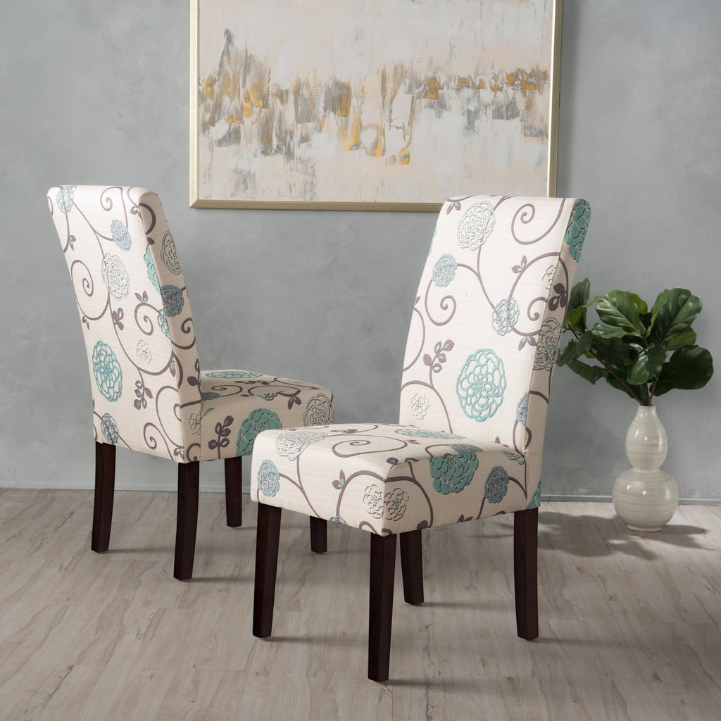 Contemporary Dining Chair Set with Rubberwood Legs in White and Blue Fabric - Grand Goldman Shop