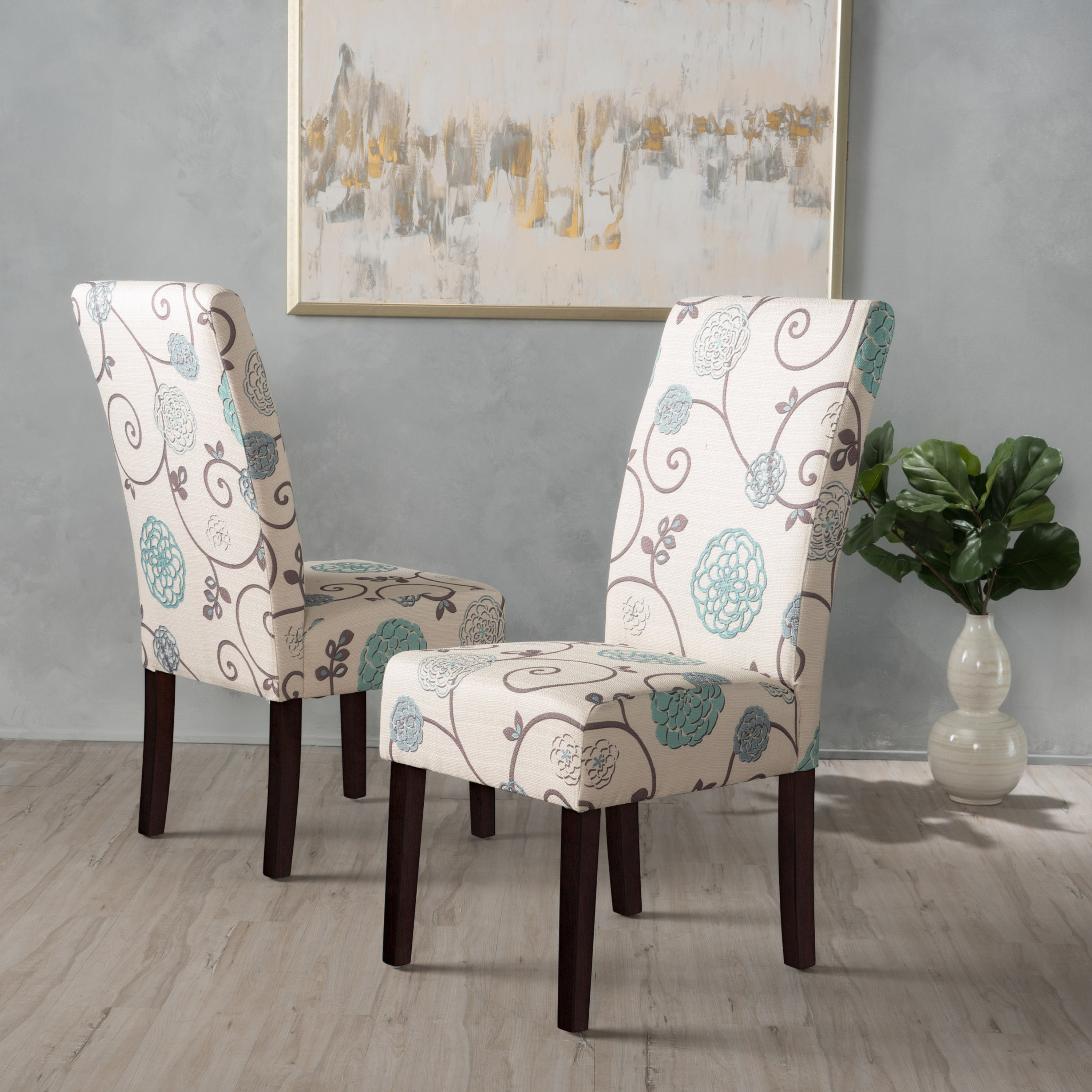 Contemporary Dining Chair Set with Rubberwood Legs in White and Blue Fabric - Grand Goldman Shop