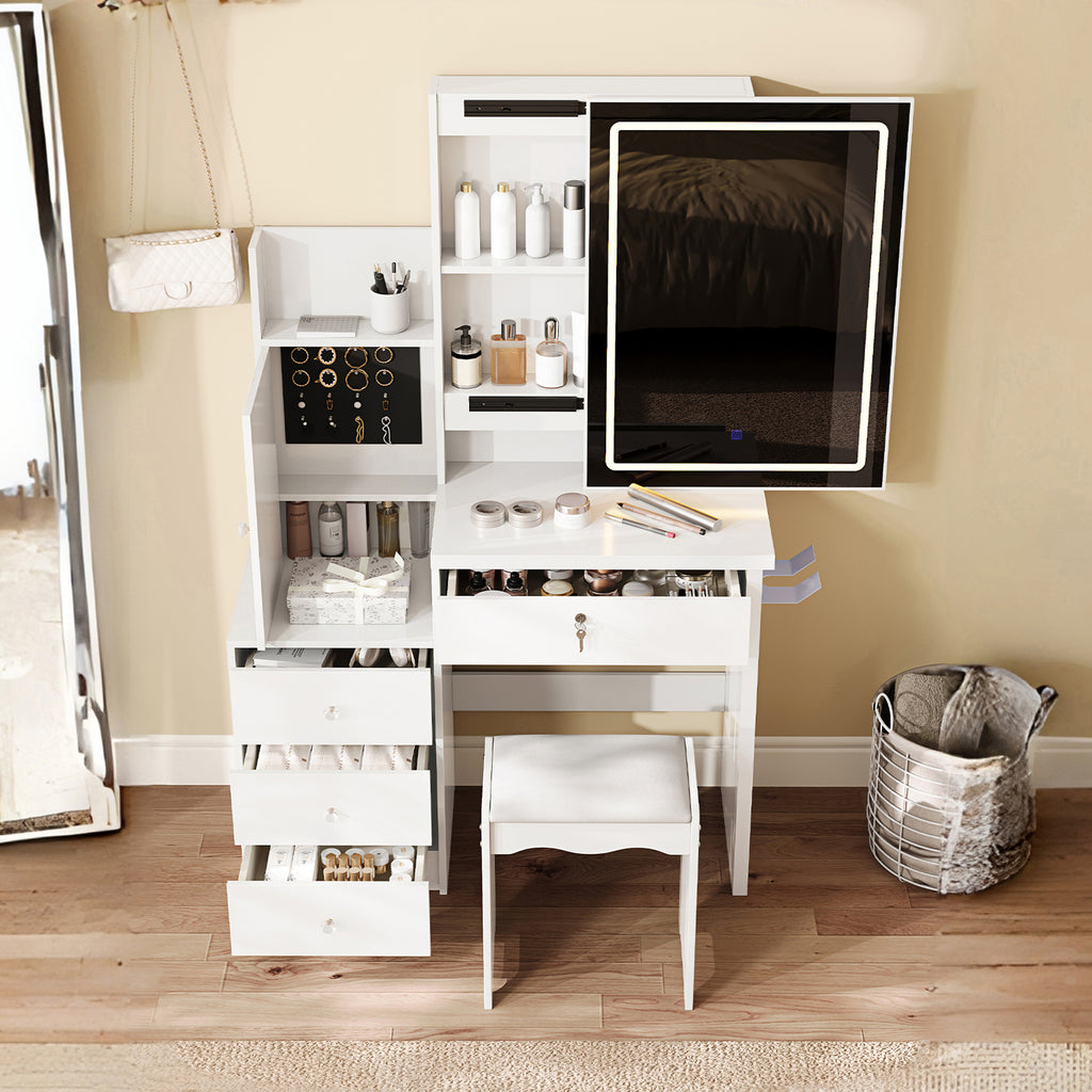 Vanity Desk Set with Sliding Lighted Mirror, Makeup Dressing Table with 4 Drawers & 9 Storage Spaces, Hidden Compartments and Cushioned Stool, White Beauty Furniture for Bedroom - Grand Goldman Shop
