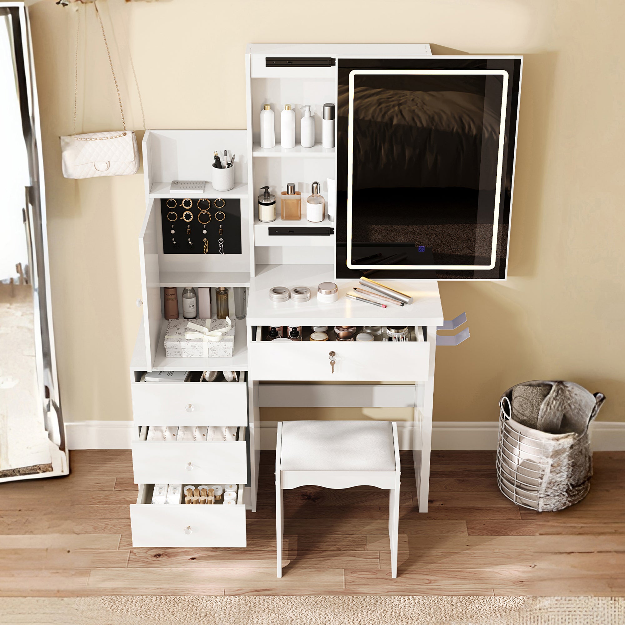 Vanity Desk Set with Sliding Lighted Mirror, Makeup Dressing Table with 4 Drawers & 9 Storage Spaces, Hidden Compartments and Cushioned Stool, White Beauty Furniture for Bedroom - Grand Goldman Shop