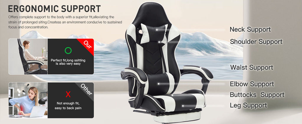 Gaming Chair with Footrest, Ergonomic Computer Chair with Headrest and Lumbar Support, Breathable Material Height Adjustable 