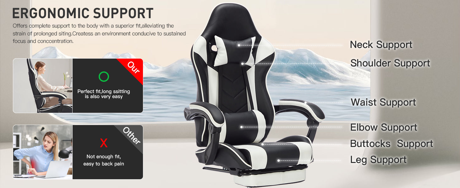 Gaming Chair with Footrest, Ergonomic Computer Chair with Headrest and Lumbar Support, Breathable Material Height Adjustable 