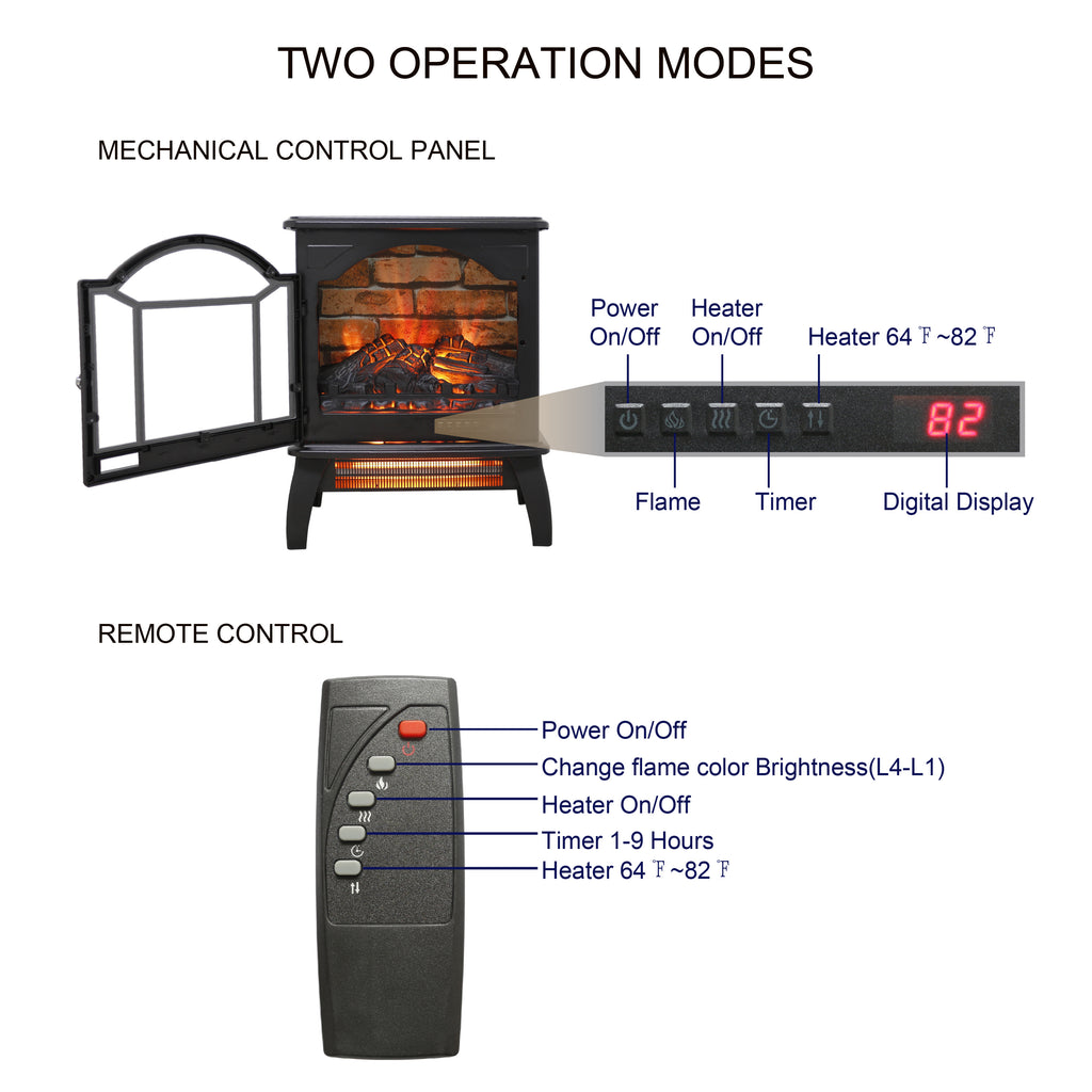 Antique Black 3D Flame Electric Infrared Quartz Fireplace Stove with Remote Control, Tempered Glass and Sheet Metal, 18 Inch - Grand Goldman Shop