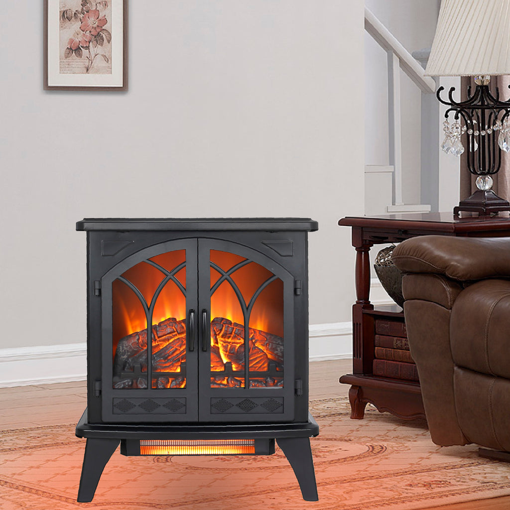 Classical 24-Inch 3D Flame Electric Infrared Quartz Fireplace Stove with Remote Control, Antique Black, Tempered Glass & Sheet Metal - Grand Goldman Shop
