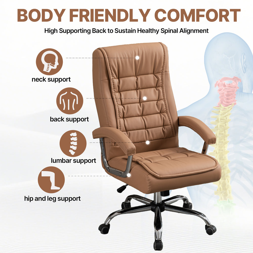 Executive Office Chair High Back PU Leather Desk Chair with Spring Seat Cushion, Ergonomic Swivel Computer Chair with Chrome 