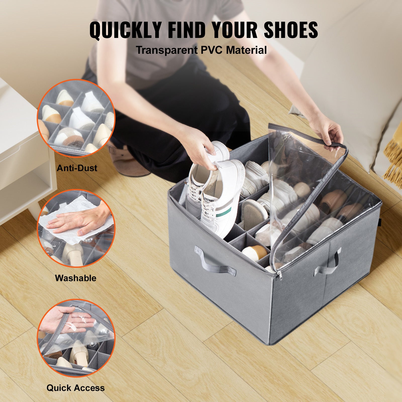 Under Bed Shoe Storage Organizer, 1 Pack, 16 Compartments, Underbed Shoe Box Storage Containers Adjustable Dividers, Sandal Organizer Storage with Clear Window, Breathable, Reinforced Handles - Grand Goldman Shop