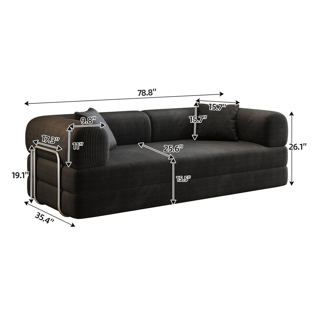 78.8' Compression Sofa,Convertible Floor Sofa Bed-with Pillow Back Support Armrest,Comfy Futon Couch Sleeper Bed,Loveseats Boneless Modular Sectional Sofa,Corduroy fabric,for Living Room,Bedroom,Black - Grand Goldman Shop