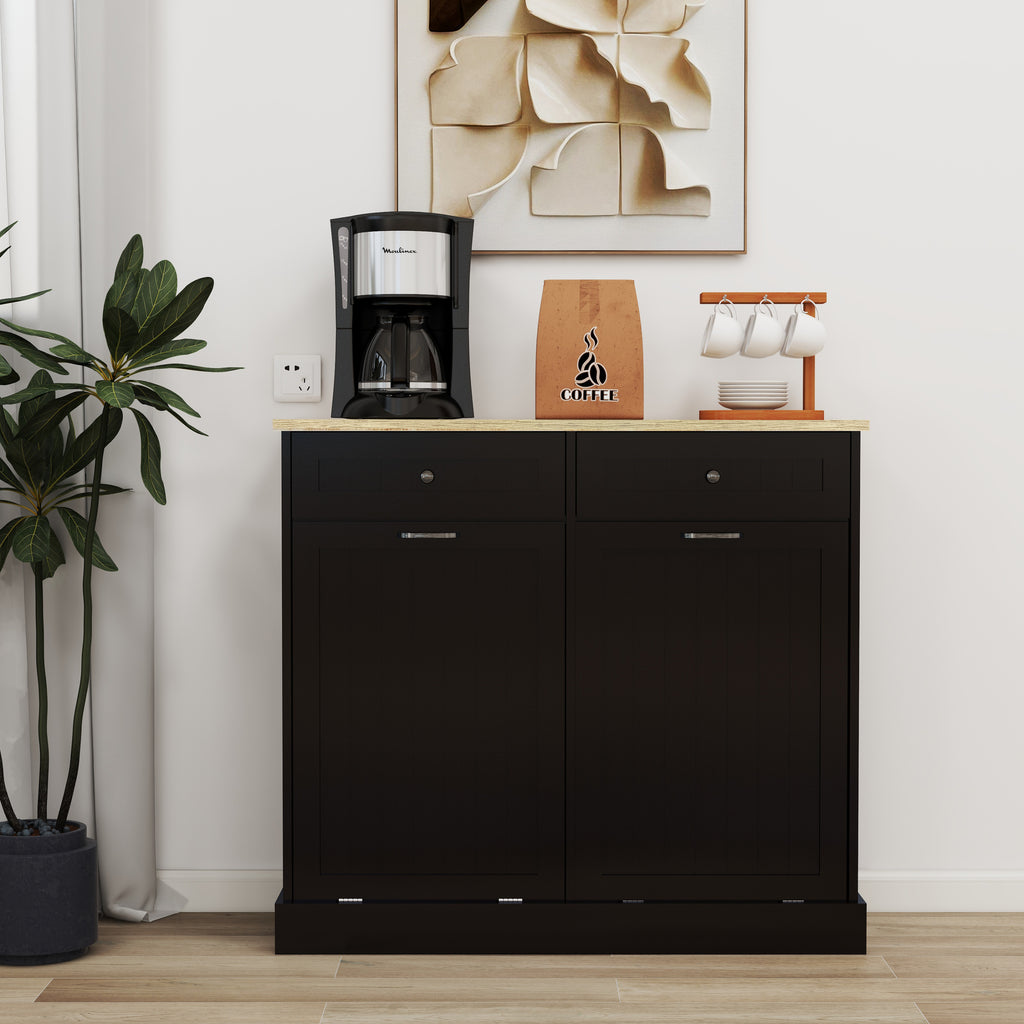 Two Drawers and Two-Compartment Tilt-Out Trash Cabinet Kitchen Trash Cabinet-Black - Grand Goldman Shop