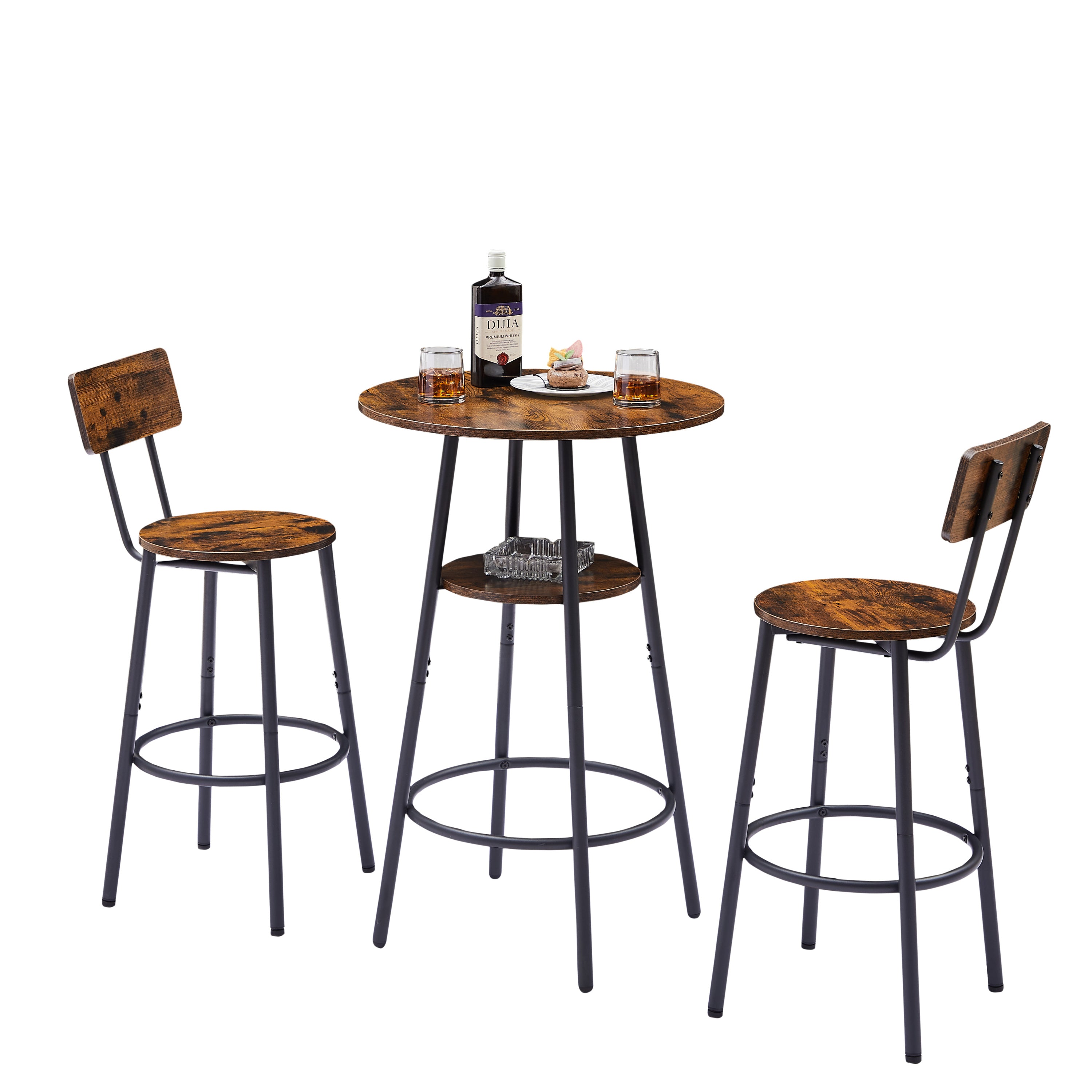 Round bar stool set with shelves, stool with backrest Rustic Brown, 23.6'' Dia x 35.4'' H - Grand Goldman Shop