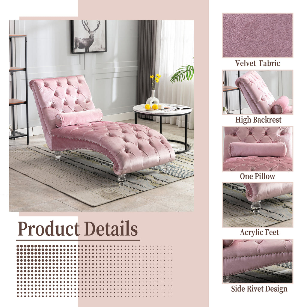 Velvet Chaise Lounge Indoor, Button-Tufted Upholstered Chaise Lounge Chair with Pillow in Pink Velvet, Comfortable Seating for Bedroom Living Room Office - Grand Goldman Shop