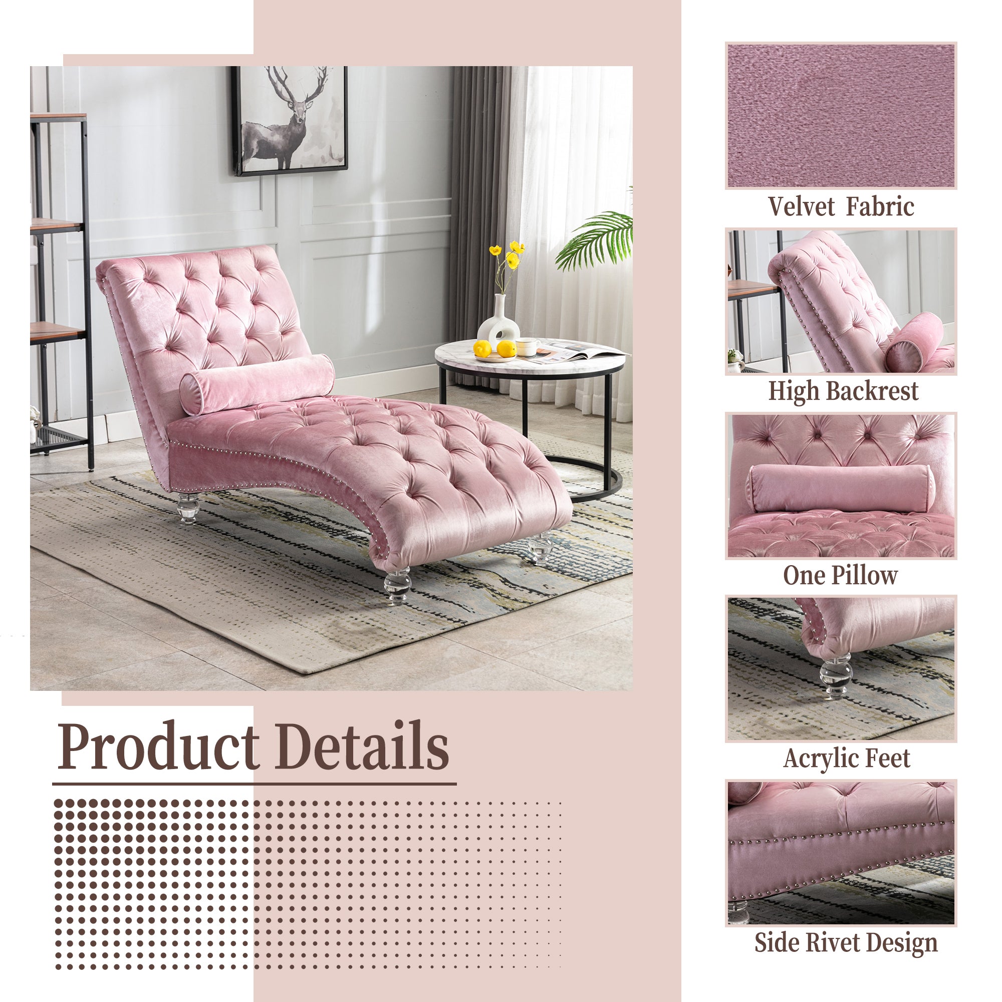 Velvet Chaise Lounge Indoor, Button-Tufted Upholstered Chaise Lounge Chair with Pillow in Pink Velvet, Comfortable Seating for Bedroom Living Room Office - Grand Goldman Shop