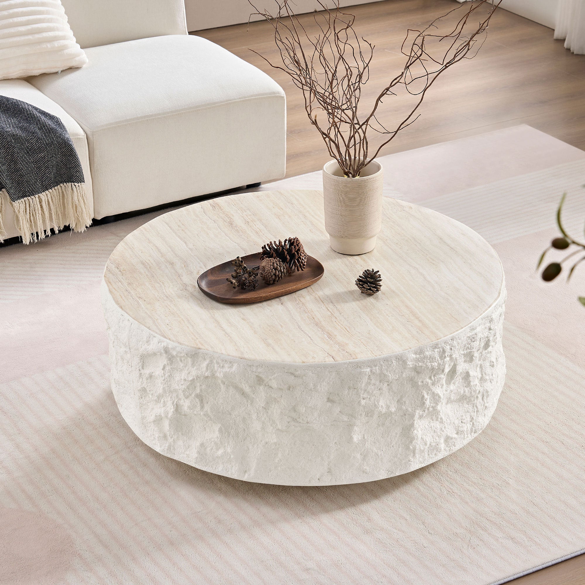 35.43''Fiberglass Round Center Coffee Table for Living Room Vintage Table,Imitation Stone Table front of the Sofa,Modern Design Coffee Table for Office,Apartment,No Need Assembly - Grand Goldman Shop