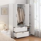 4 Doors Wardrobe Closet with Mirror, LED Wardrobe with Doors and 2 Drawers, Wooden Wardrobe Storage Cabinet with Hanging Rod, Adjustable Shelves, White - Grand Goldman Shop