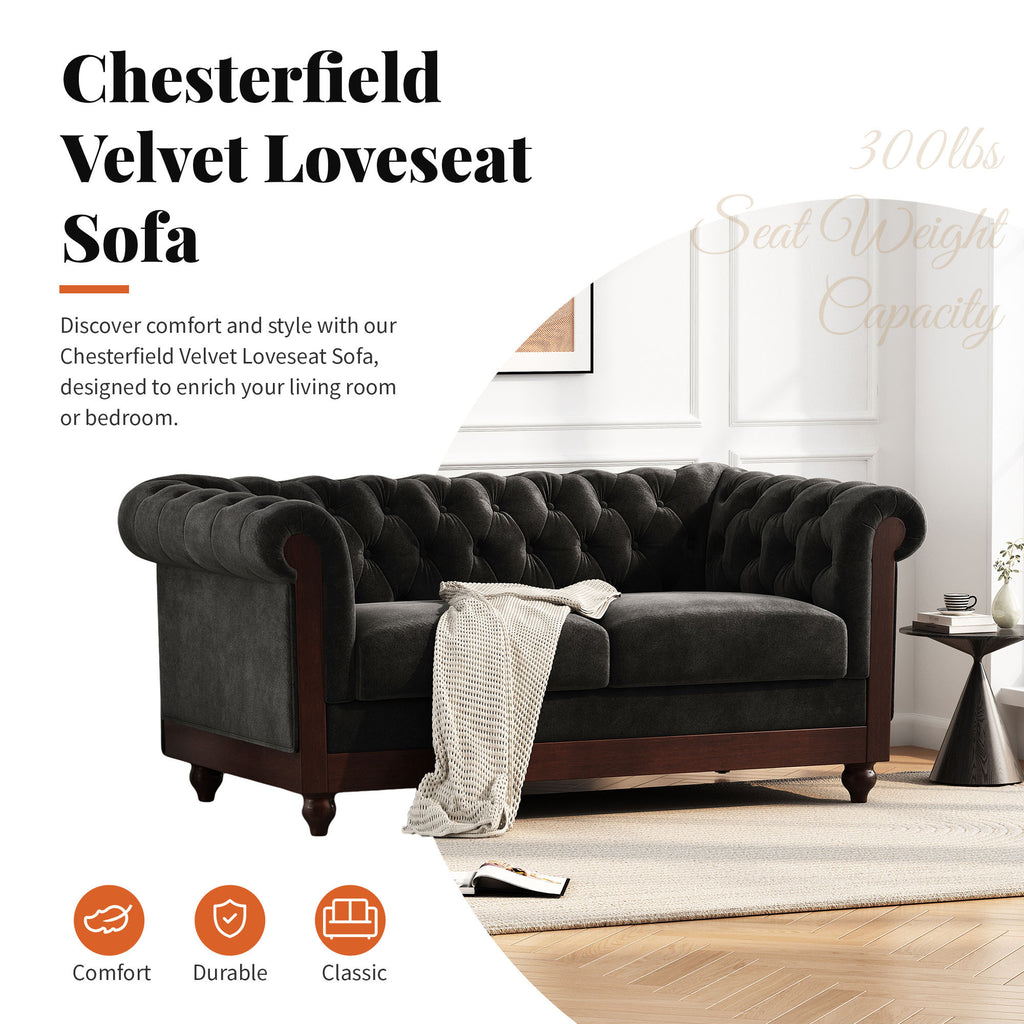 VIVALUX Chesterfield Velvet Loveseat Sofa, 2-Person Rolled Arm Upholstered Couch, Black, Pine Wood Frame, 59.44' - Grand Goldman Shop