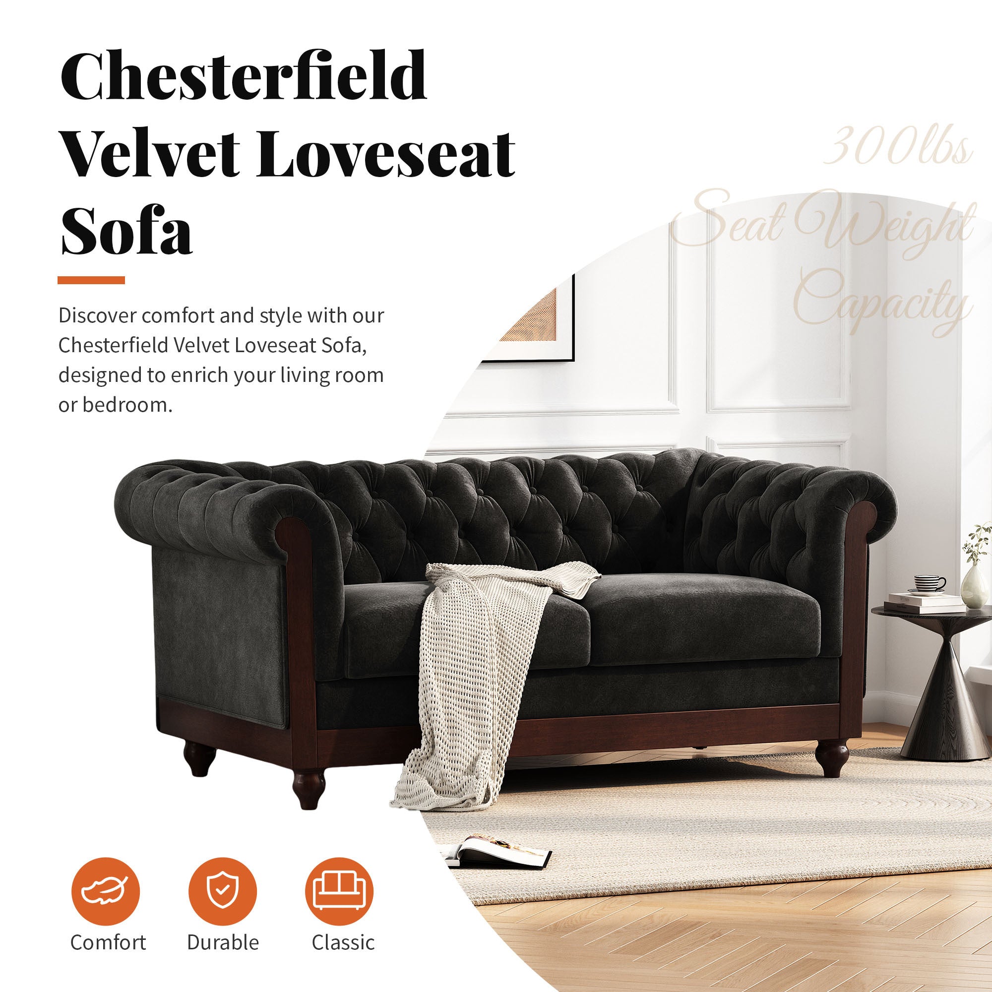 VIVALUX Chesterfield Velvet Loveseat Sofa, 2-Person Rolled Arm Upholstered Couch, Black, Pine Wood Frame, 59.44' - Grand Goldman Shop