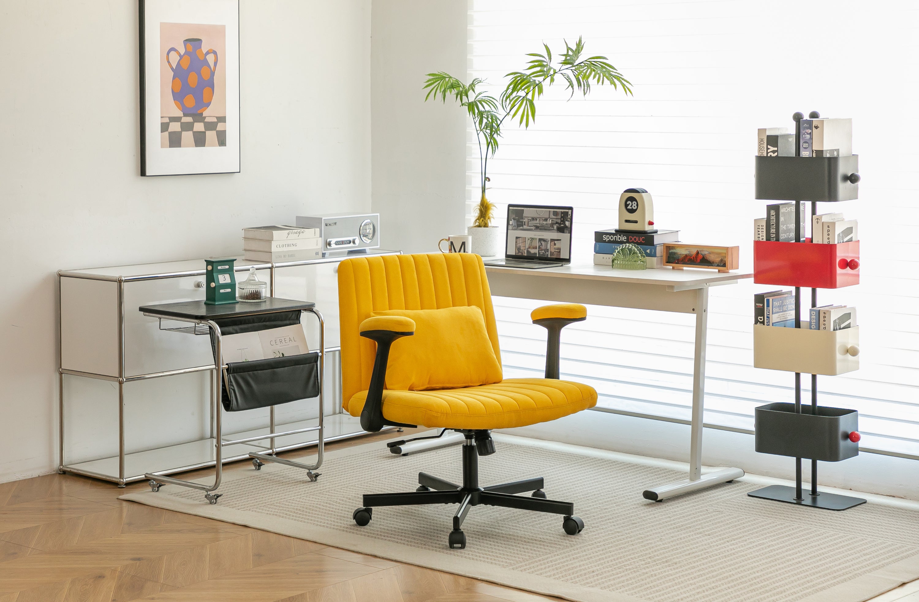 Modern Yellow Linen Criss Cross Armrest Office Chair with Wheels - Ergonomic Design for Home Office, Work & Study - Grand Gol