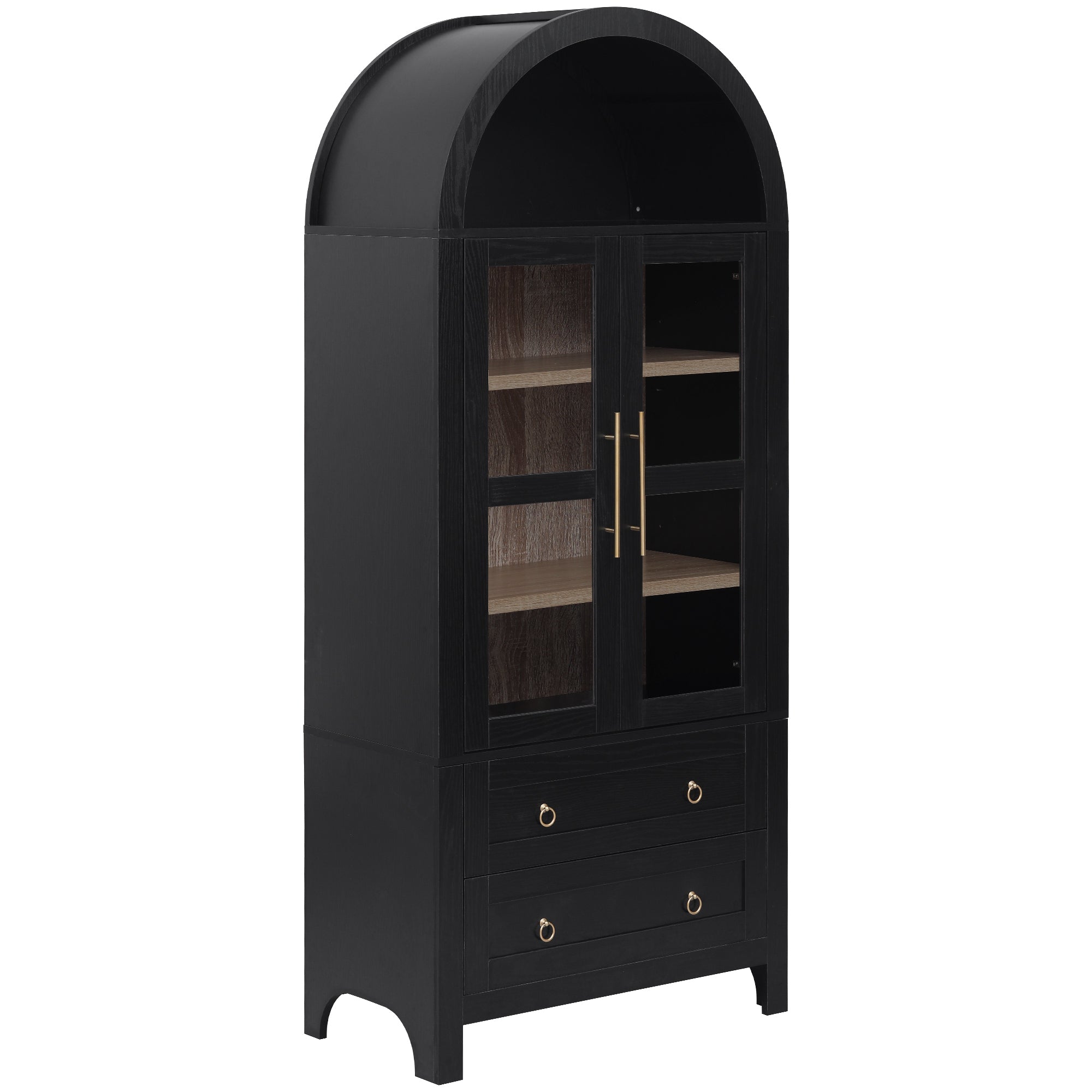 K&K 71' Tall Arched Kitchen Pantry Cabinet with 2 Large Drawers, Modern Farmhouse Kitchen Storage Cabinets with Adjustable Shelves, Glass Door, Wood Versatile Cupboard for Kitchens, Dining Room, Black - Grand Goldman Shop