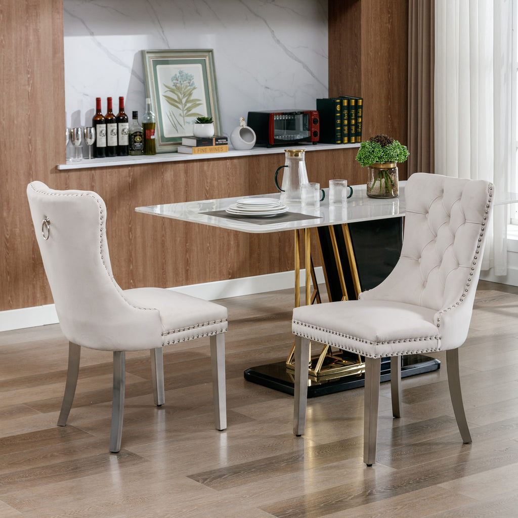 Nikki Collection Modern, High-end Tufted Solid Wood Contemporary Velvet Upholstered Dining Chair with Chrome Stainless Steel Plating Legs,Nailhead Trim,Set of 2，Beige and Chrome, SW1701BG - Grand Goldman Shop