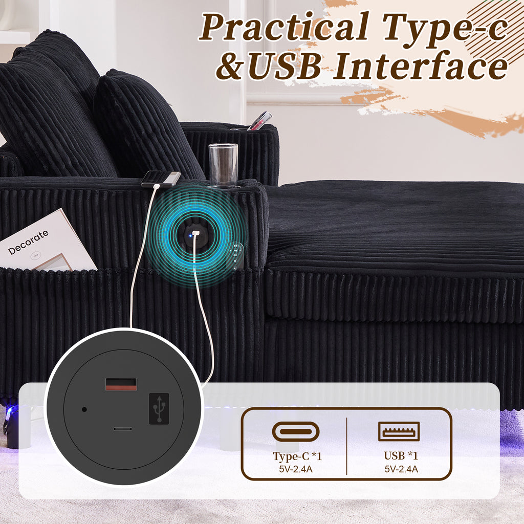 UNITED WE WIN Modern Corduroy Oversized Recliner Sofa with Deep Seat, 3 Pillows, USB Charging, RGB LED Light Strip, Cup Holder, Side Pocket - Suitable for Living Room and Bedroom - Grand Goldman Shop