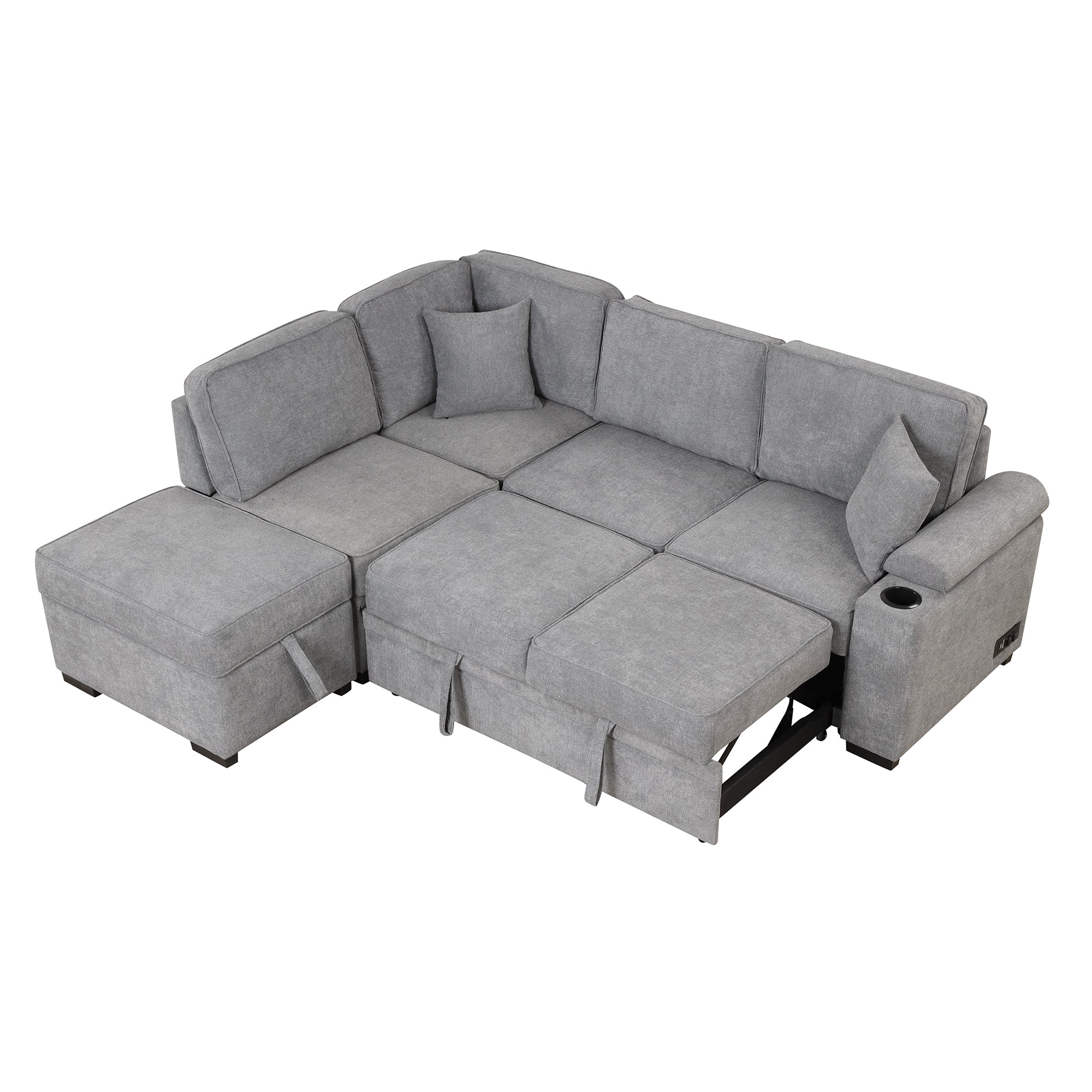 Modern Sleeper Sofa Bed with Storage Ottoman, Gray Linen, 84.75' L Shape Couch for Living Room or Apartment - Grand Goldman Shop