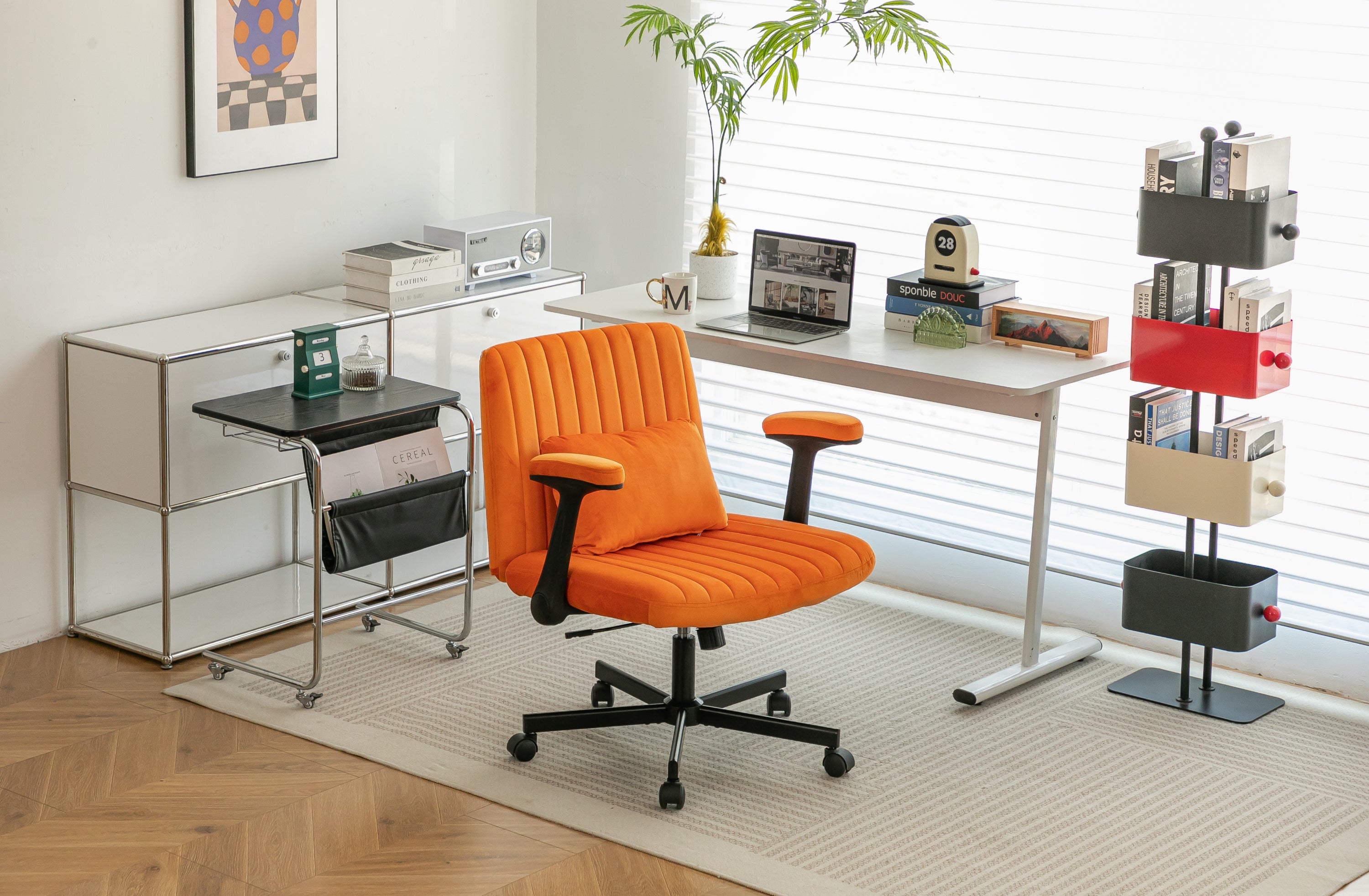 Orange Velvet Criss Cross Armrest Office Chair with Wheels - Stylish for Home Office, Gaming & Makeup - Grand Goldman