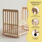 Portable Pine Wood Bedside Bassinet with 3 Heights, Natural Wood Mini Crib for Newborns 0-36 Months, Space-Saving Design - Gr