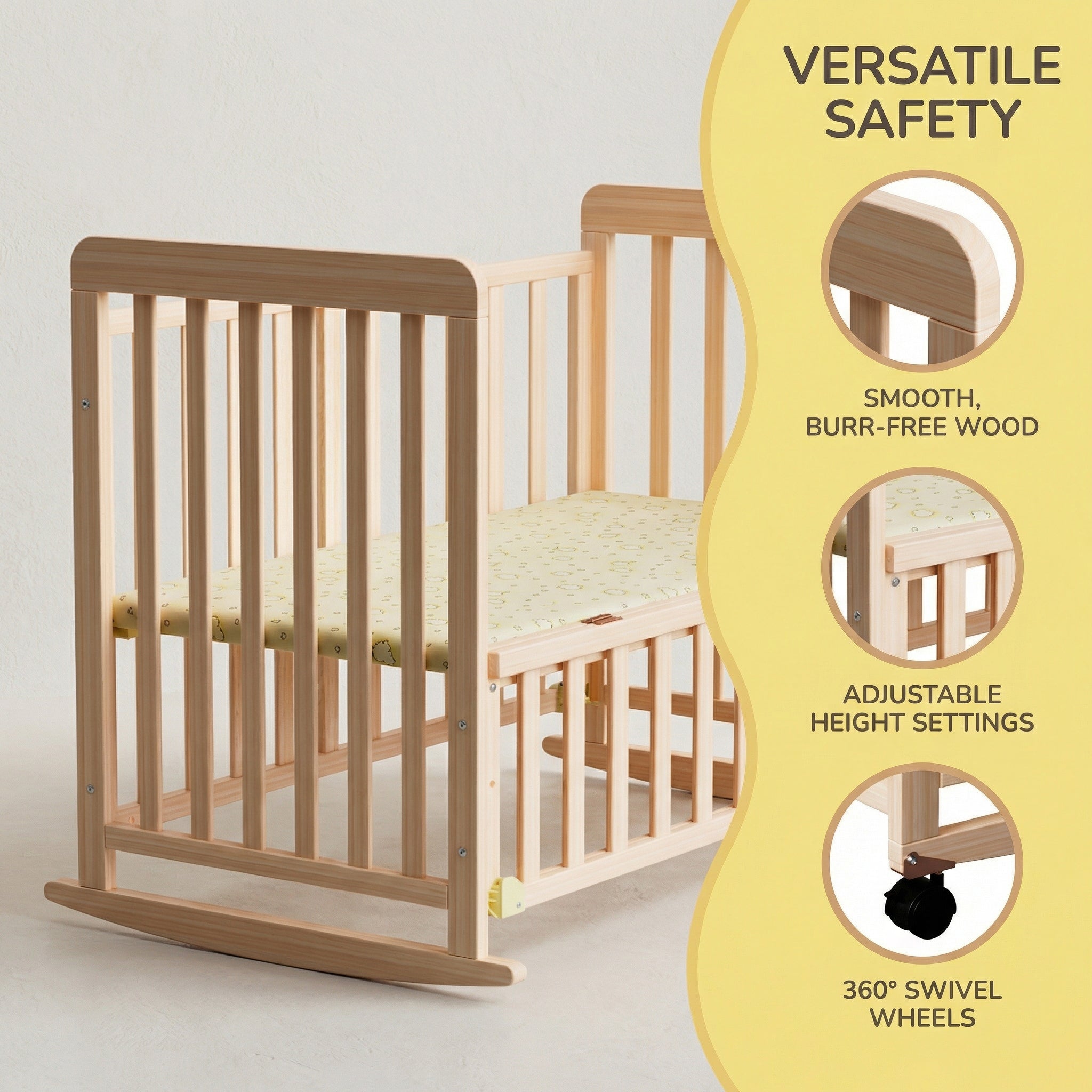 Portable Pine Wood Bedside Bassinet with 3 Heights, Natural Wood Mini Crib for Newborns 0-36 Months, Space-Saving Design - Gr