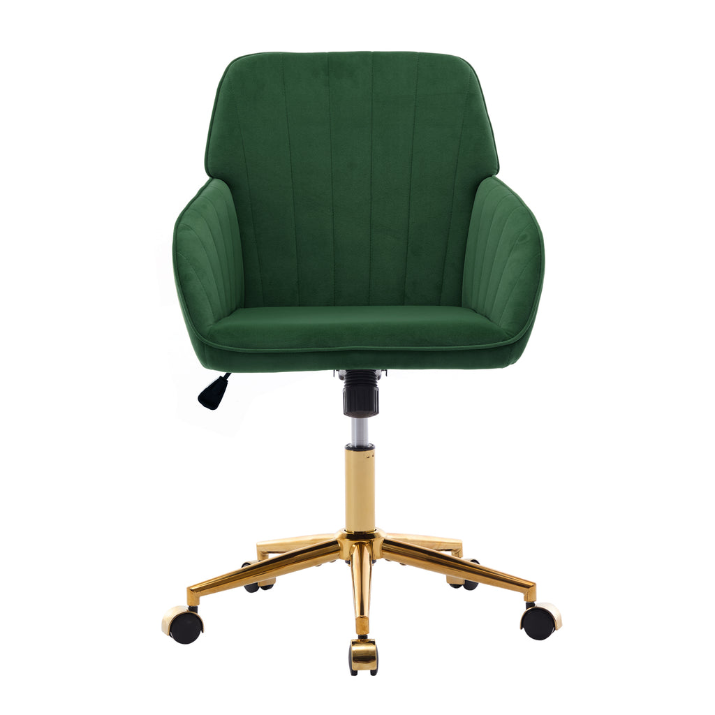 TY Ergonomic Office Chair with Adjustable Backrest and Armrests, Green Velvet Upholstery, Gold-Plated Base, Comfortable for L
