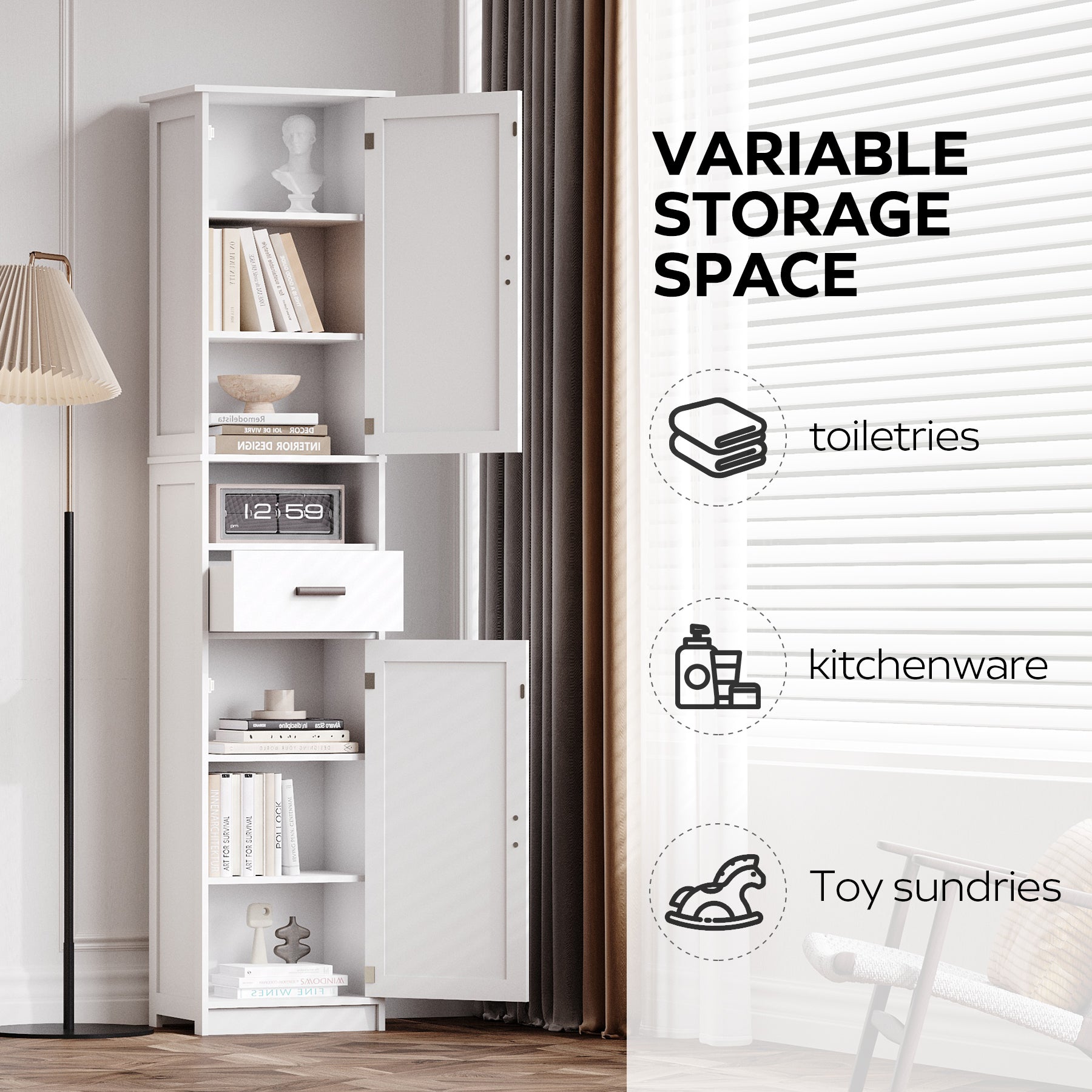 69' H Tall Bathroom Storage Cabinet with 2 Barn Doors and 1 Drawer, Narrow Storage Unit, Adjustable Shelves,Floor Cabinet for Bathroom, Living Room, Entryway,Kitchen,(White) - Grand Goldman Shop