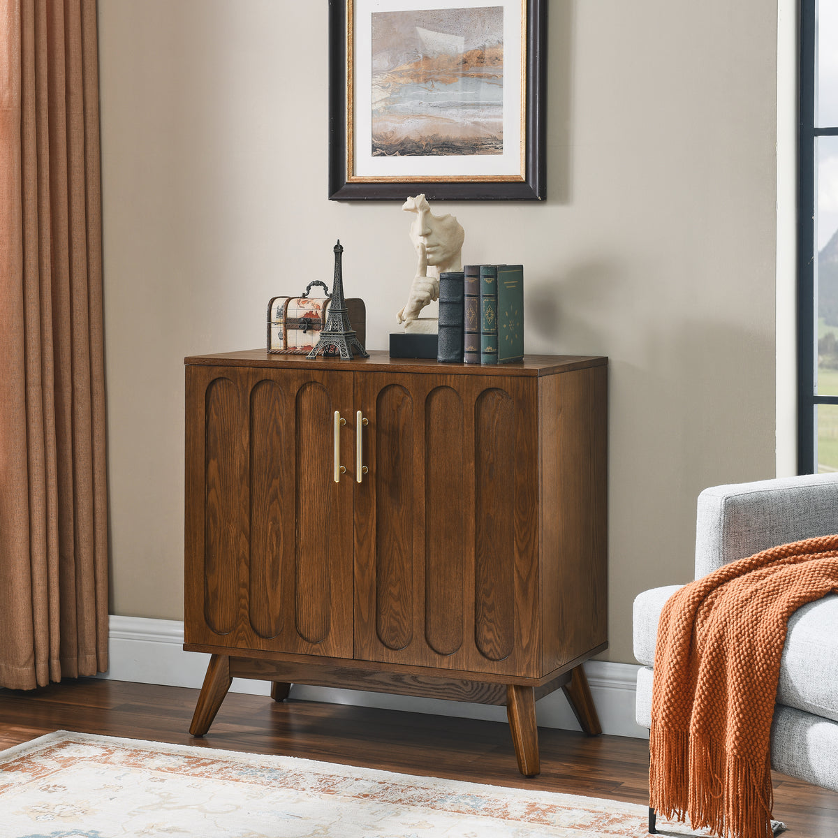 Mid Century Modern Fluted Sideboard Cabinet with Adjustable Shelves & Solid Wood Legs, Buffet Cabinet with Storage, Walnut Storage Cabinet for Living Room, Entryway, Hallway, Dining Room, Kitchen - Grand Goldman Shop