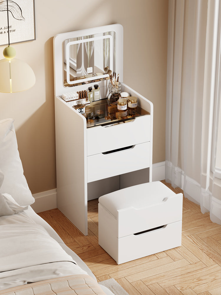 ( 48CM ) 3 in 1 Vanity Desk with Plip Top Mirror, Small Make Up Vanity Set with Visible Glass Desktop, Compact Makeup Vanity with 3 Drawers, Dressing Table for Bedroom ( WHITE COLOR ) - Grand Goldman Shop