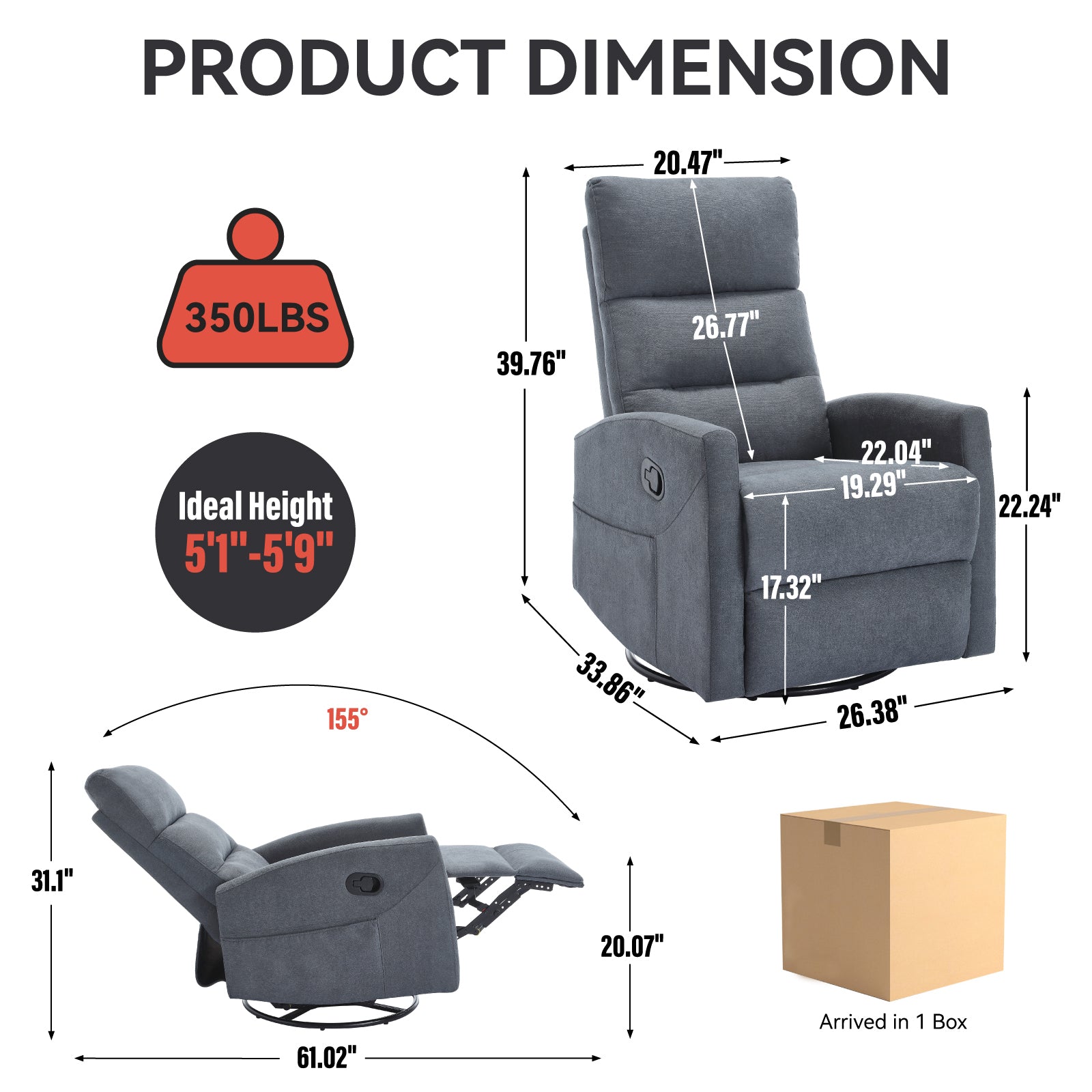 Manual Recliner Chair with Rocker and Swivel in Fabric for Living Room, Grey - Grand Goldman Shop
