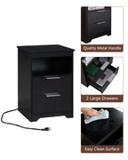 Nightstand with Charging Station,End Table with 2 Drawers,Wooden End Table with Drawer and Opening Shelf,Side Table for Bedroom, Black - Grand Goldman Shop