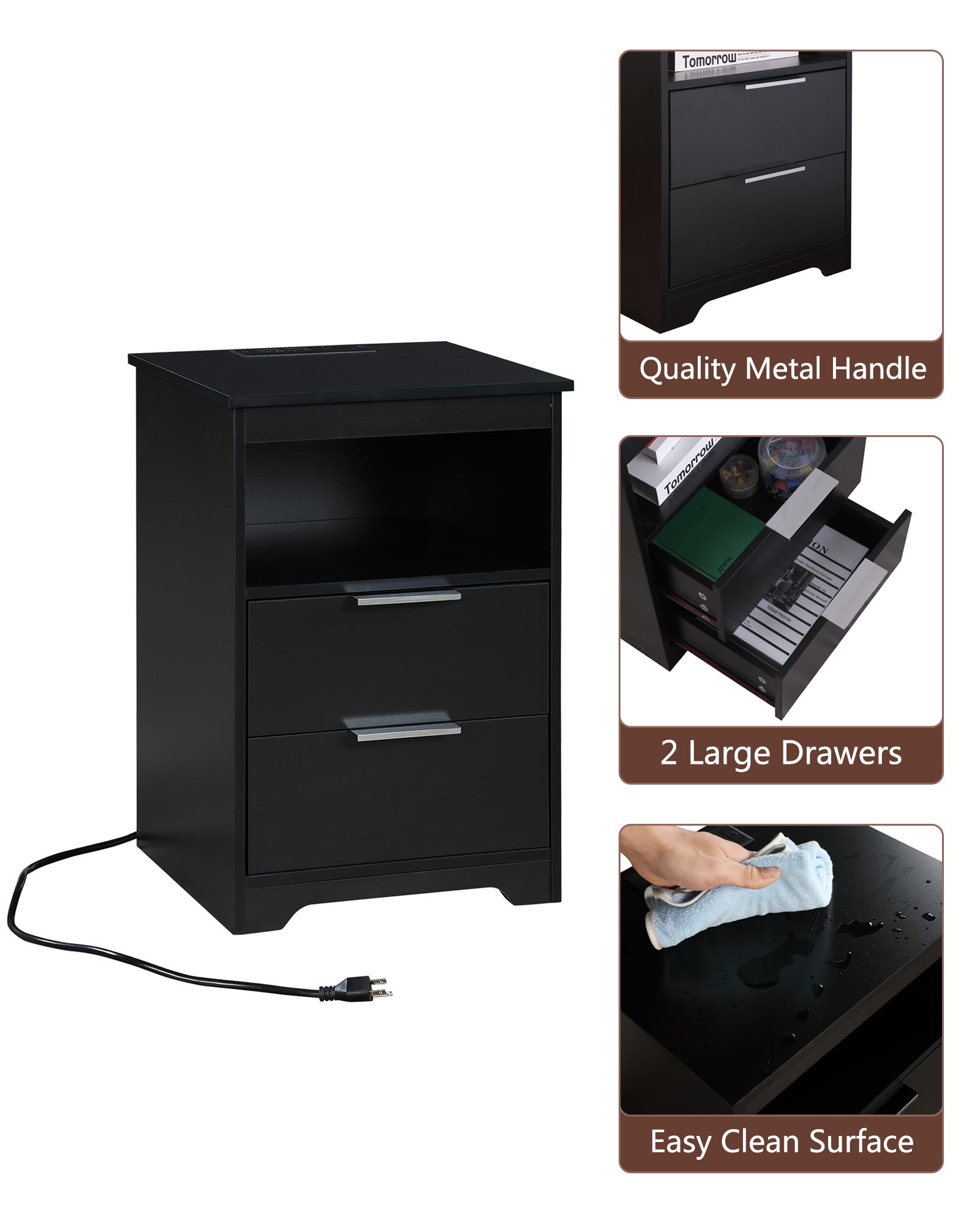 Nightstand with Charging Station,End Table with 2 Drawers,Wooden End Table with Drawer and Opening Shelf,Side Table for Bedroom, Black - Grand Goldman Shop
