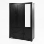 4 Doors Wardrobe Closet with Mirror, LED Wardrobe with Doors and 2 Drawers, Wooden Wardrobe Storage Cabinet with Hanging Rod, Adjustable Shelves, Black - Grand Goldman Shop